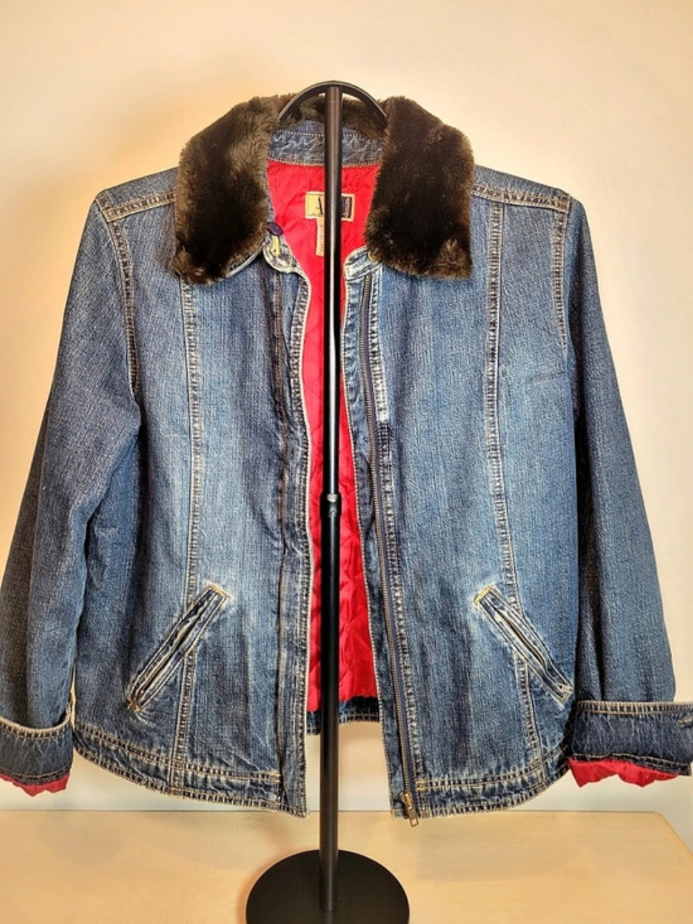 AT Collection Denim Jacket Blue & Red Size Medium
